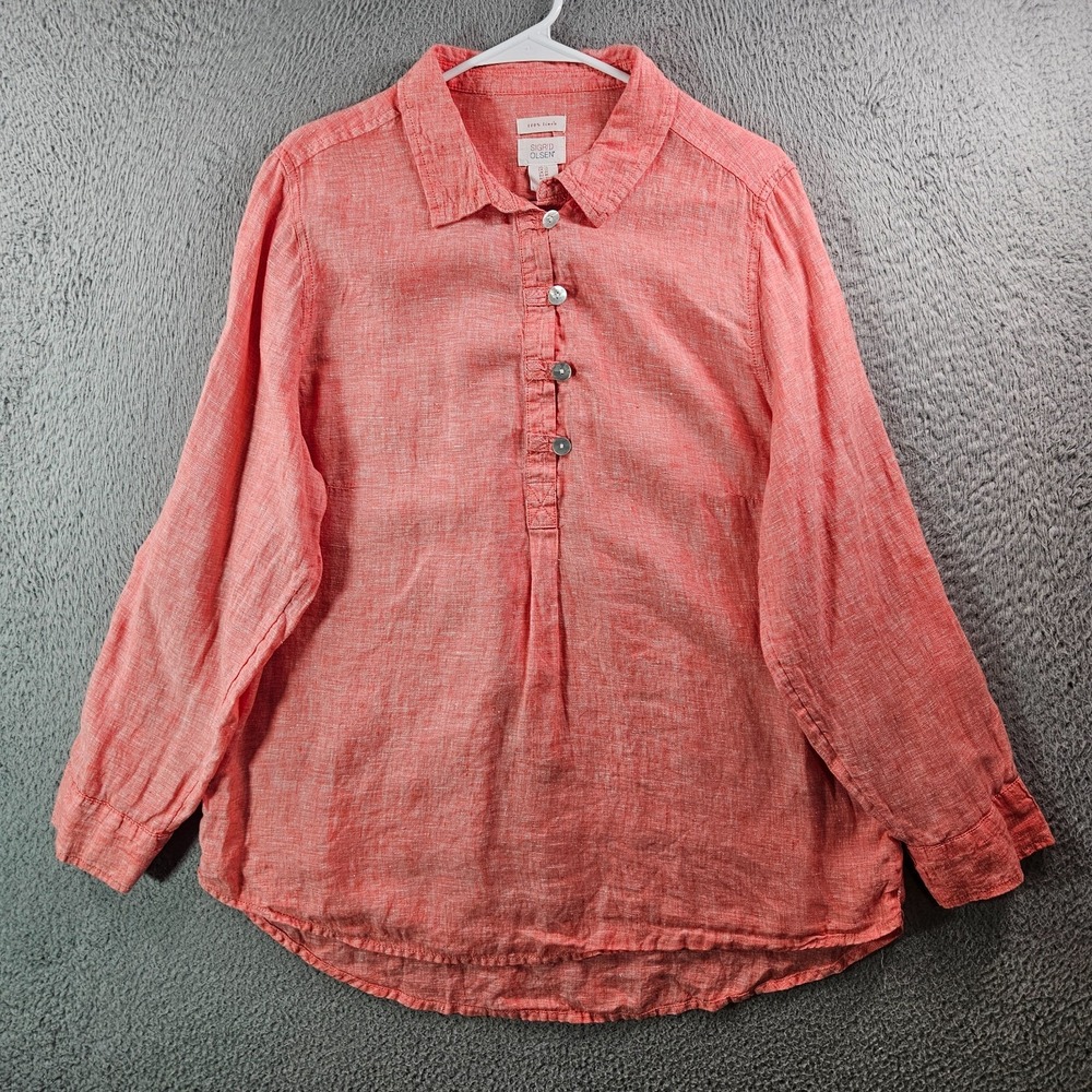 Sigrid Olsen Linen Shirt Top Women 1X 1/2 Button Long Sleeve Peach Punch